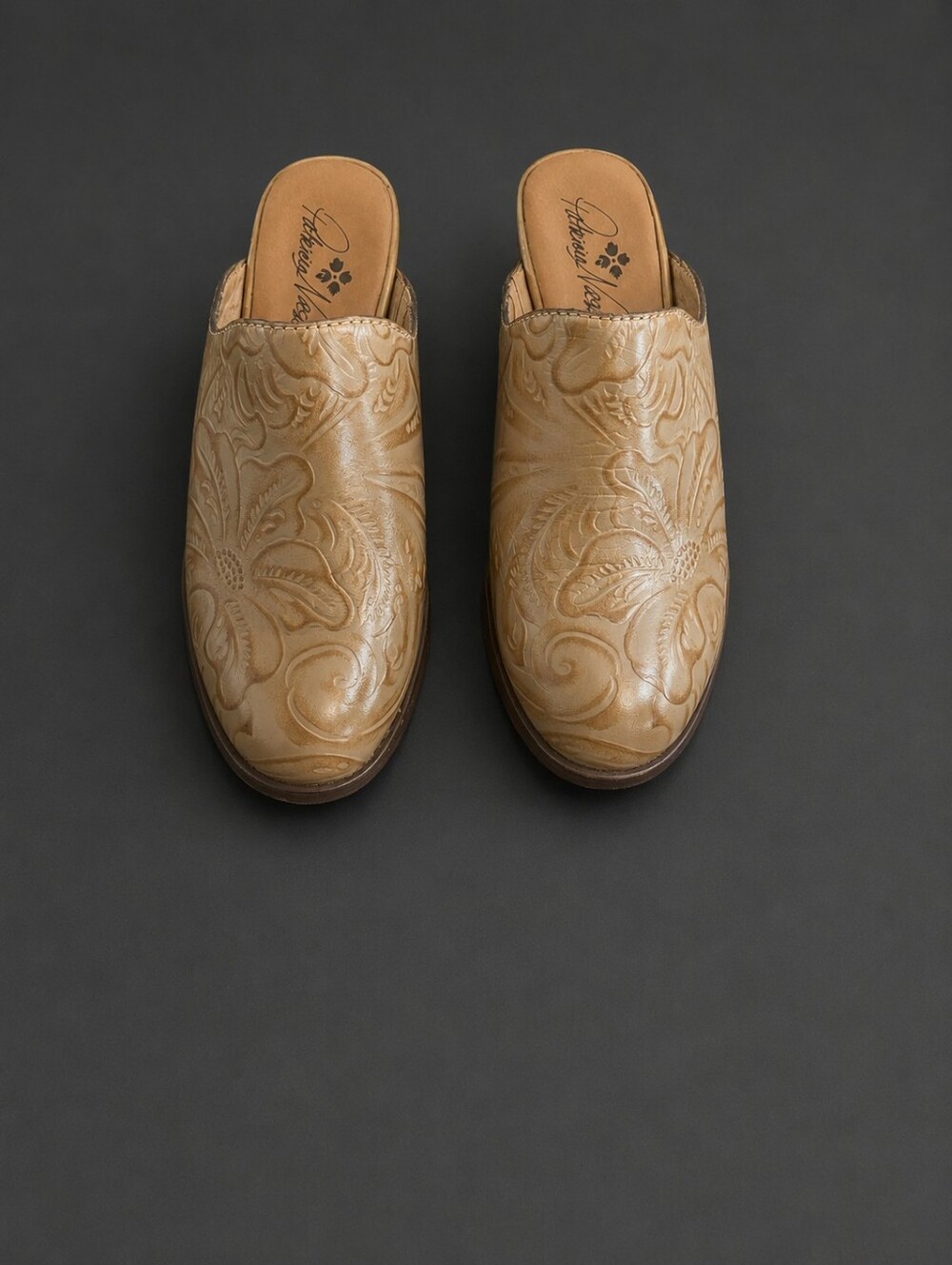 Patricia Nash Nicia Tan Hand-Tooled Floral Leather Mules